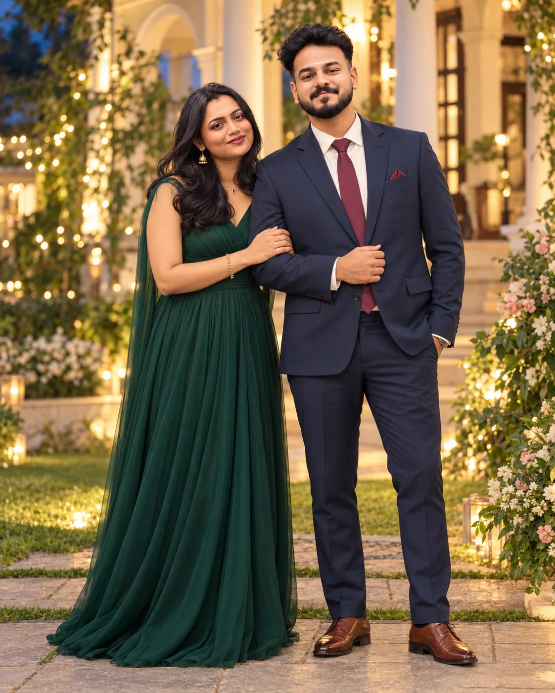 AI-created reception portrait of Shijith in a navy suit and Sreelakshmi in an emerald gown